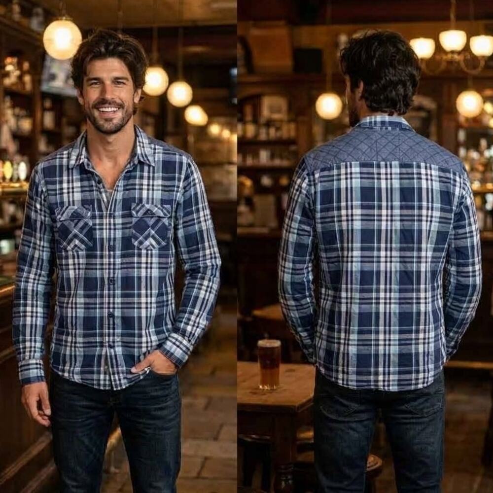 Guess Dillon Slim Fit Plaid Long Sleeve Shirt Mens Large 42-44 Vintage 2 Pocket